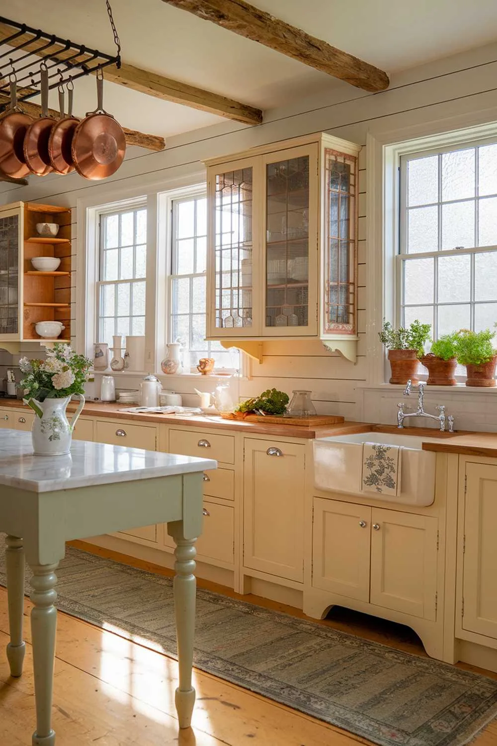 A small cottage kitchen at golden hour, showing natural light streaming through windows with sheer curtains, illuminating white painted brick walls, and cream cabinets. Copper pots gleam from a ceiling rack, while open shelving displays carefully curated collections. Fresh flowers in a vintage pitcher sit on a small island, and herbs flourish on the windowsill above a farmhouse sink. The space embodies the perfect balance of practicality and charm, proving that small cottage kitchens can be functional and beautiful.