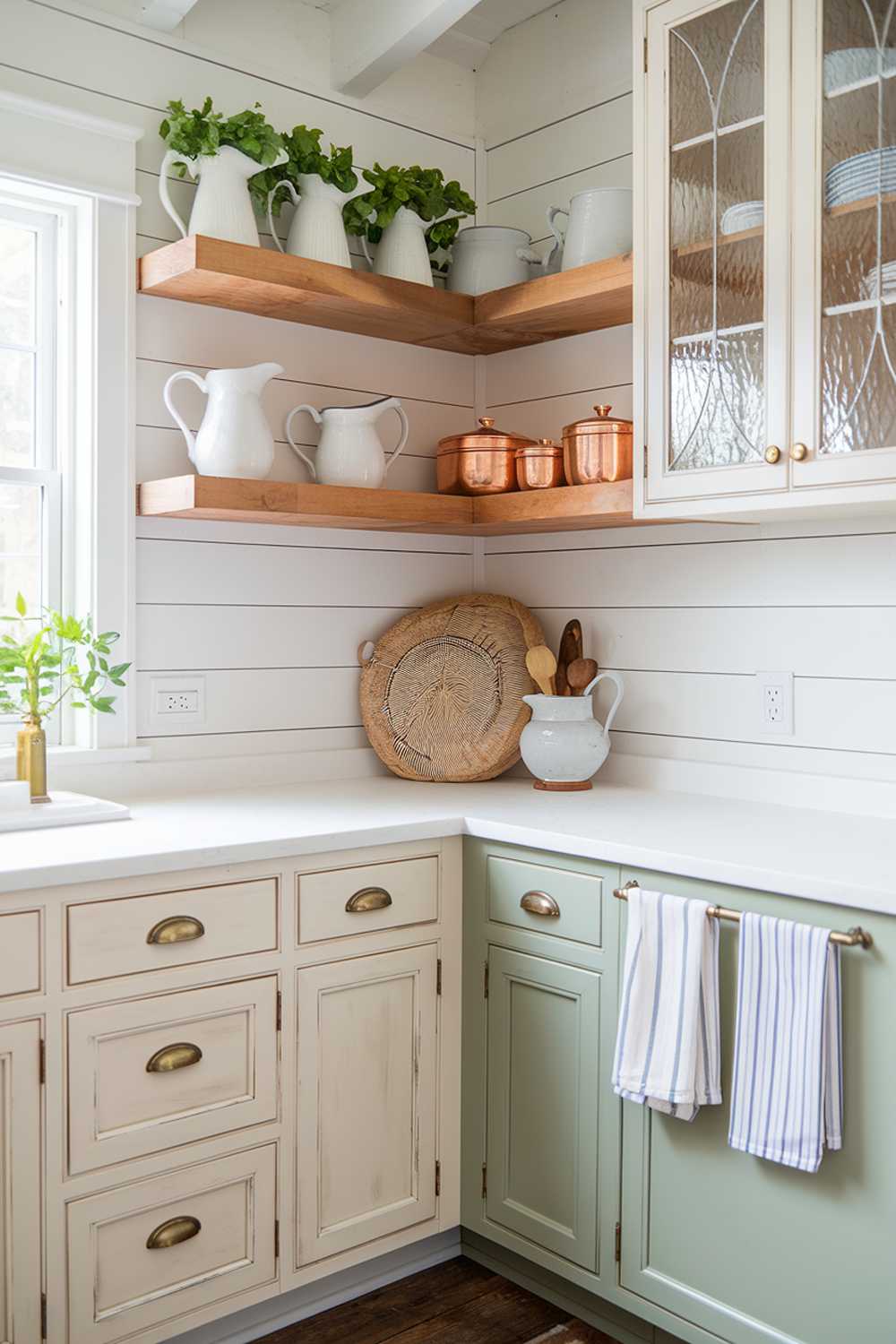 A detailed view of a cottage kitchen's color scheme, featuring cream-colored lower cabinets with brass hardware, soft sage green upper cabinets with glass fronts, and white shiplap walls. Natural light highlights the subtle variations in color, while copper and wooden accents add warm undertones to the space. A collection of white ironstone pitchers on open shelving adds textural interest.