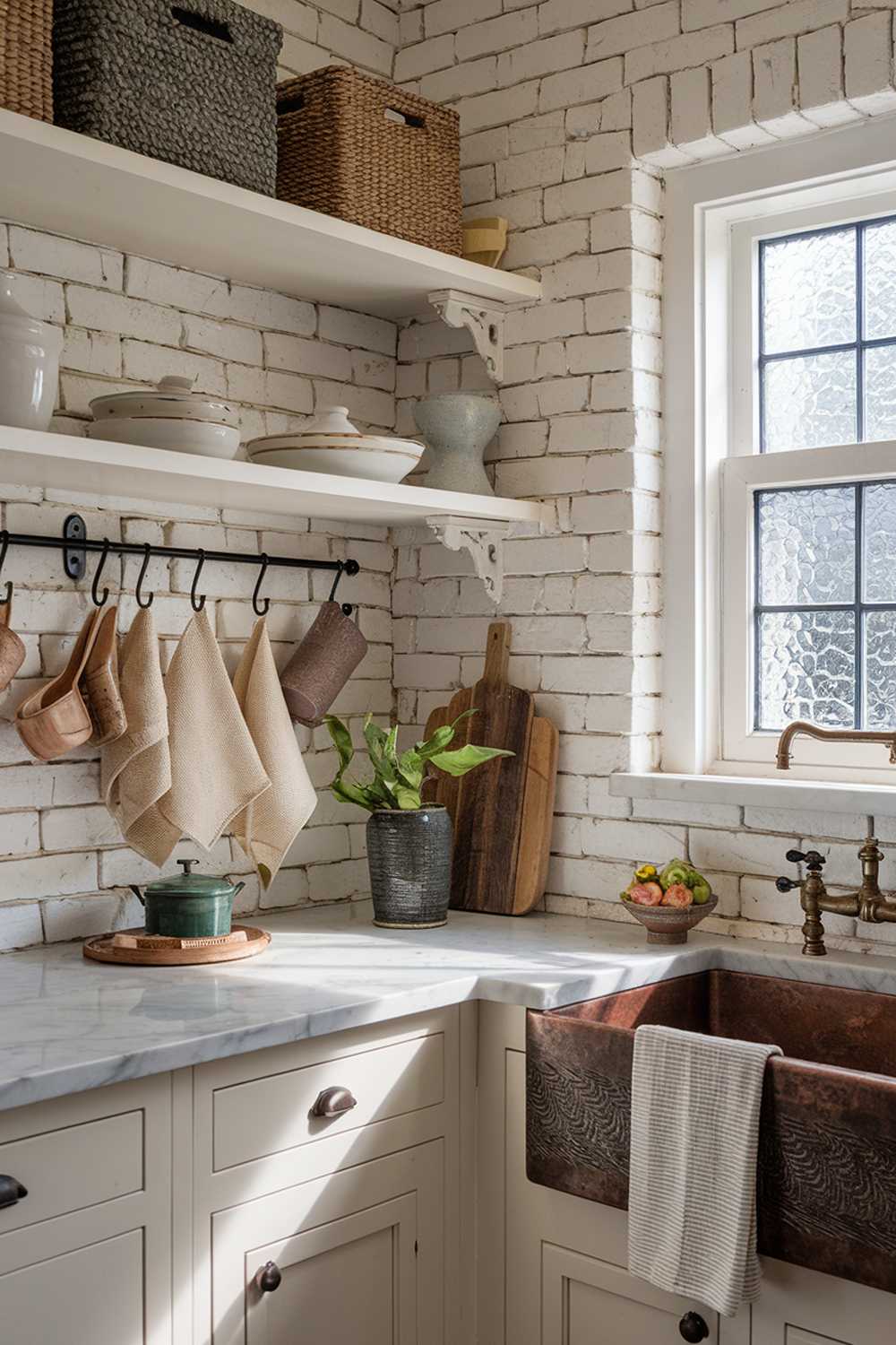 Close-up detail of a cottage kitchen corner showcasing multiple textures: a whitewashed brick wall, reclaimed wooden open shelving, marble countertops with a vintage-inspired edge profile, and a copper sink with an aged patina. Cotton tea towels hang from iron hooks, while woven baskets add natural texture to upper shelf storage.