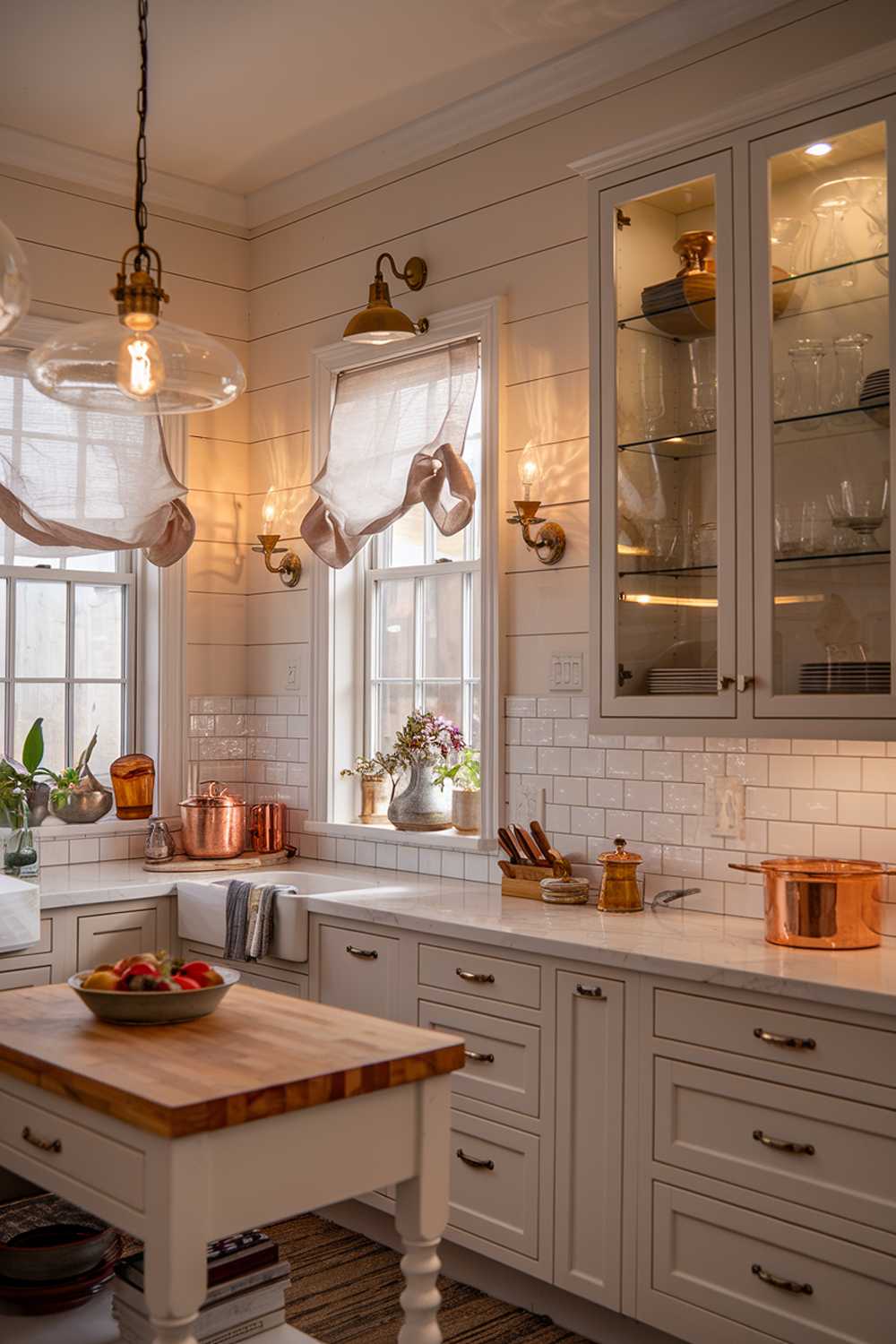 A cottage kitchen at dusk showing layered lighting: warm light from vintage-style pendant lights with seeded glass shades hangs over a small island, under-cabinet lighting illuminates the workspace, and LED candle sconces cast a soft glow on shiplap walls. Natural light fades through windows dressed with sheer linen cafe curtains, creating a warm, inviting atmosphere.