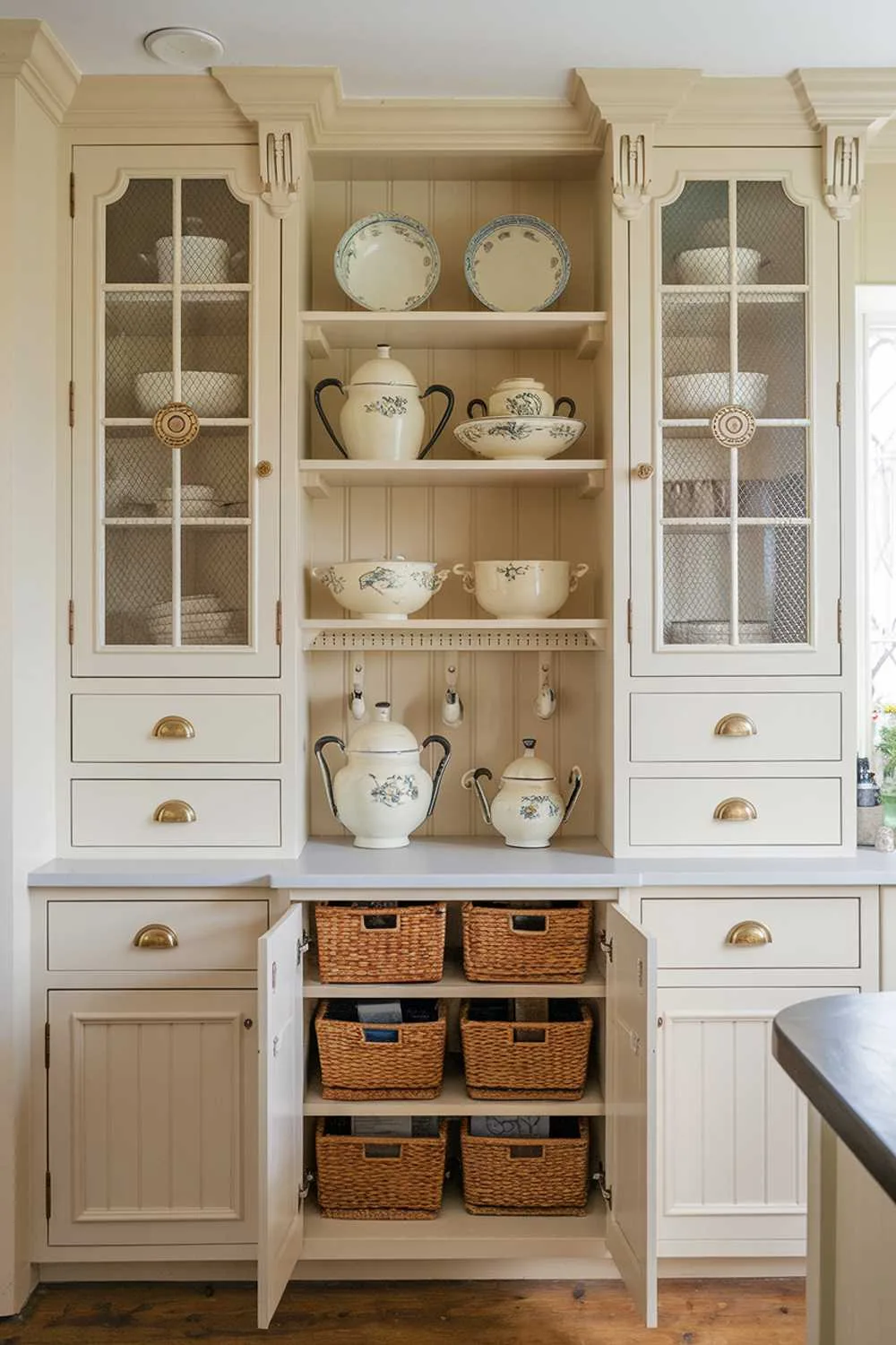 A full-height kitchen wall featuring custom cream-colored cabinets reaching to the ceiling, with glass-front upper cabinets displaying vintage dishware. A sliding brass library ladder provides access to upper storage, while lower cabinets feature pull-out organizers. Crown molding and decorative cabinet details maintain the cottage aesthetic.