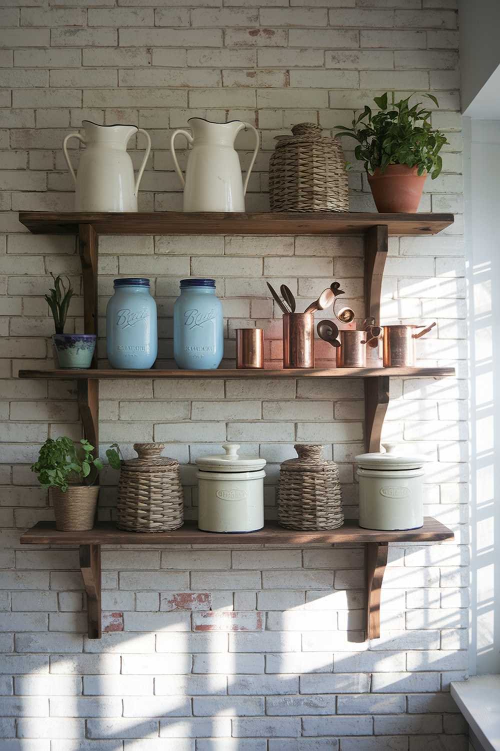 White-painted brick walls adorned with reclaimed wooden shelving, displaying a carefully curated collection of white ironstone pitchers, vintage mason jars filled with dry goods, and copper cookware. Potted herbs add touches of green, while woven baskets contain smaller items. Natural light highlights the organized but lived-in arrangement.