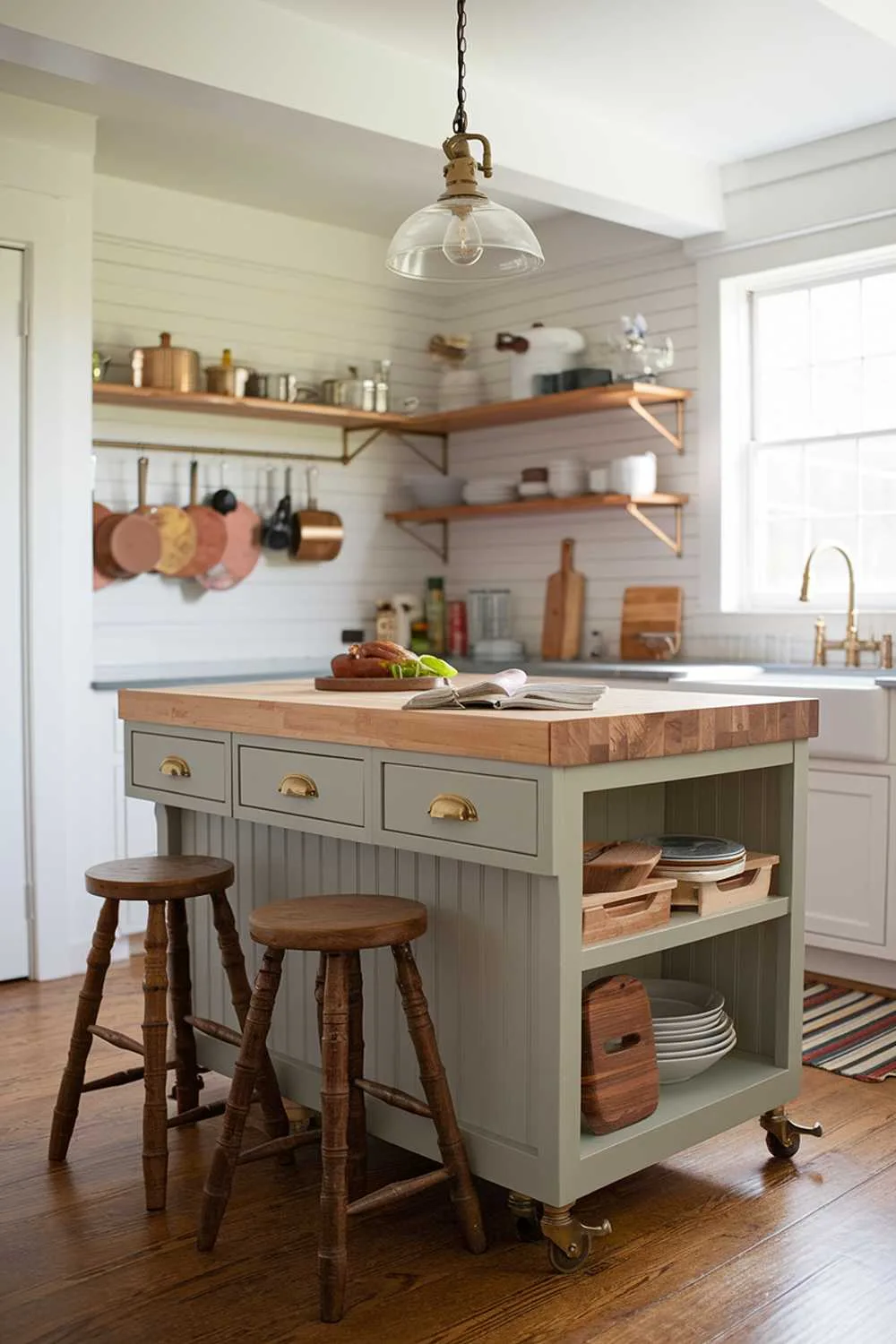 A compact kitchen featuring a vintage-inspired island with a butcher block top, containing drawers and open shelving beneath. Two weathered wooden stools tuck perfectly underneath when not in use. The island doubles as a prep space and casual dining area, with a hanging copper pot rack above maximizing storage while adding visual interest.