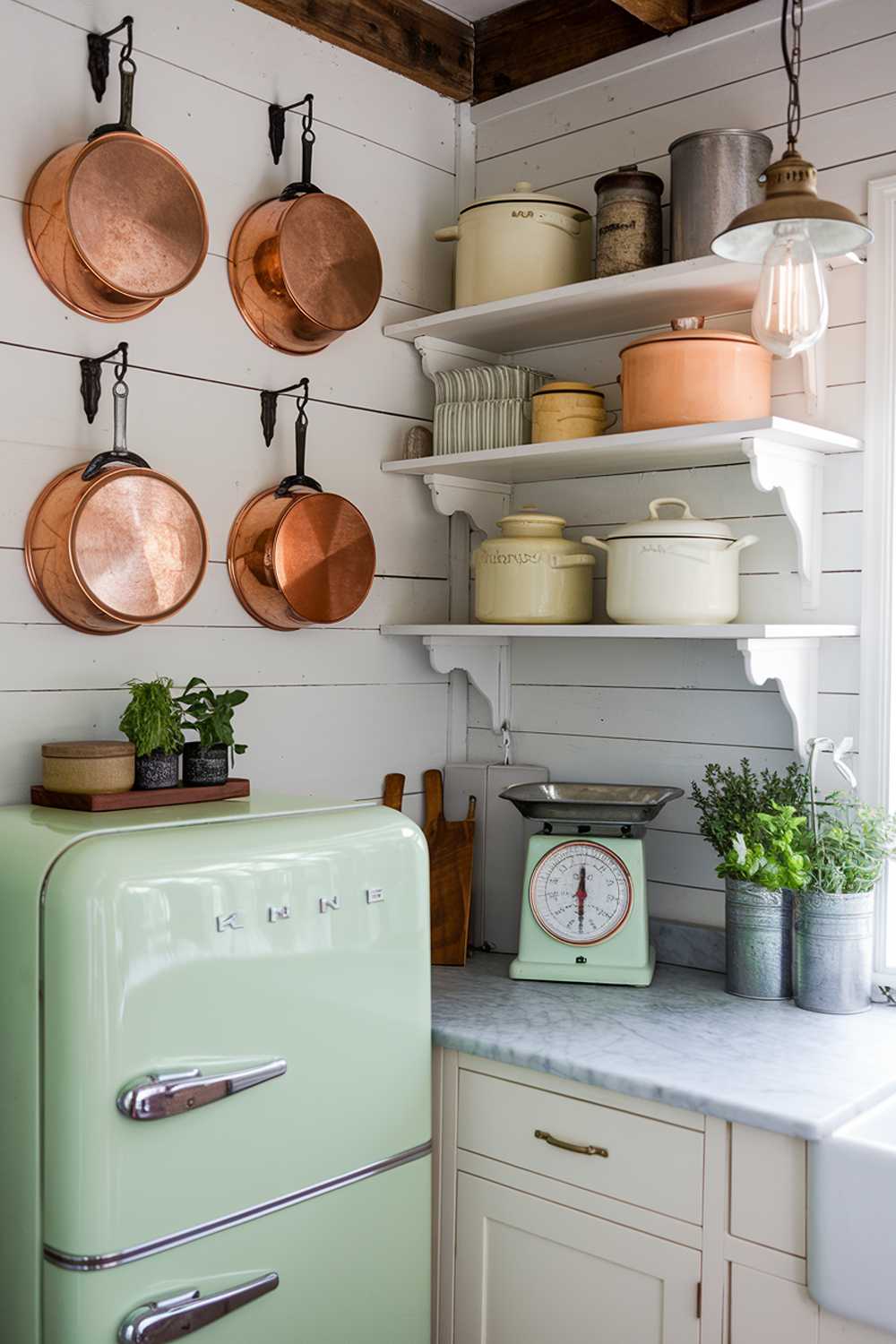 A charming kitchen corner featuring a mint green vintage-style refrigerator as the focal point, surrounded by antique copper cookware hanging from iron hooks. Open shelving displays collection of enamelware and earthenware crocks, while a vintage scale sits on the marble countertop. A reclaimed factory light fixture hangs above, casting warm light on the scene.