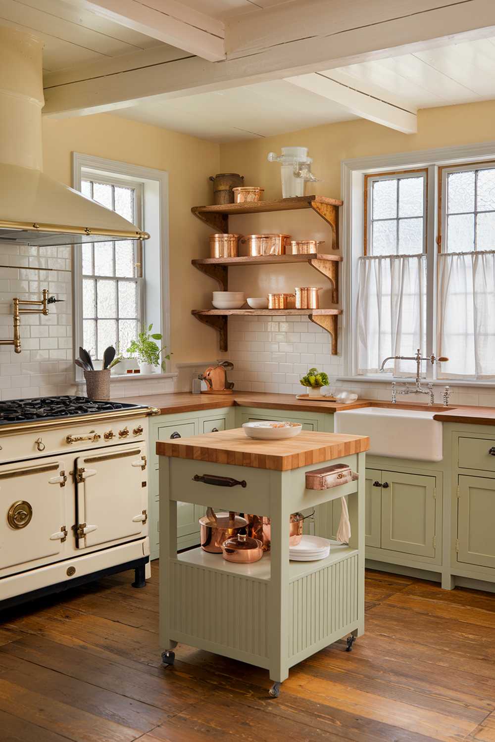 An efficiently arranged L-shaped cottage kitchen showing a clear workflow between a vintage-style range, farmhouse sink, and compact refrigerator. Open shelving maximizes vertical space, while a small island provides additional prep area. Natural light floods the space through multi-paned windows, highlighting the practical yet charming arrangement.