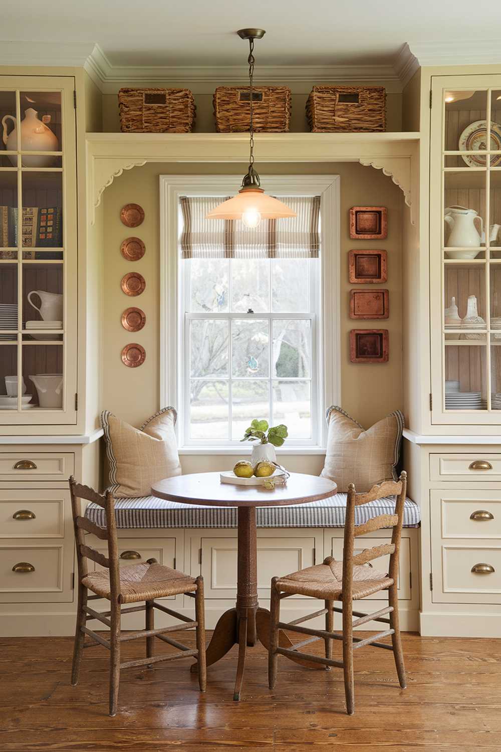 A cozy kitchen nook featuring a custom-built window seat with drawers underneath, flanked by floor-to-ceiling cabinets. The cushioned seat provides extra seating at a small round table, while storage beneath holds seasonal items. Woven baskets on open shelving above organize everyday essentials, and a vintage pendant light adds ambiance.