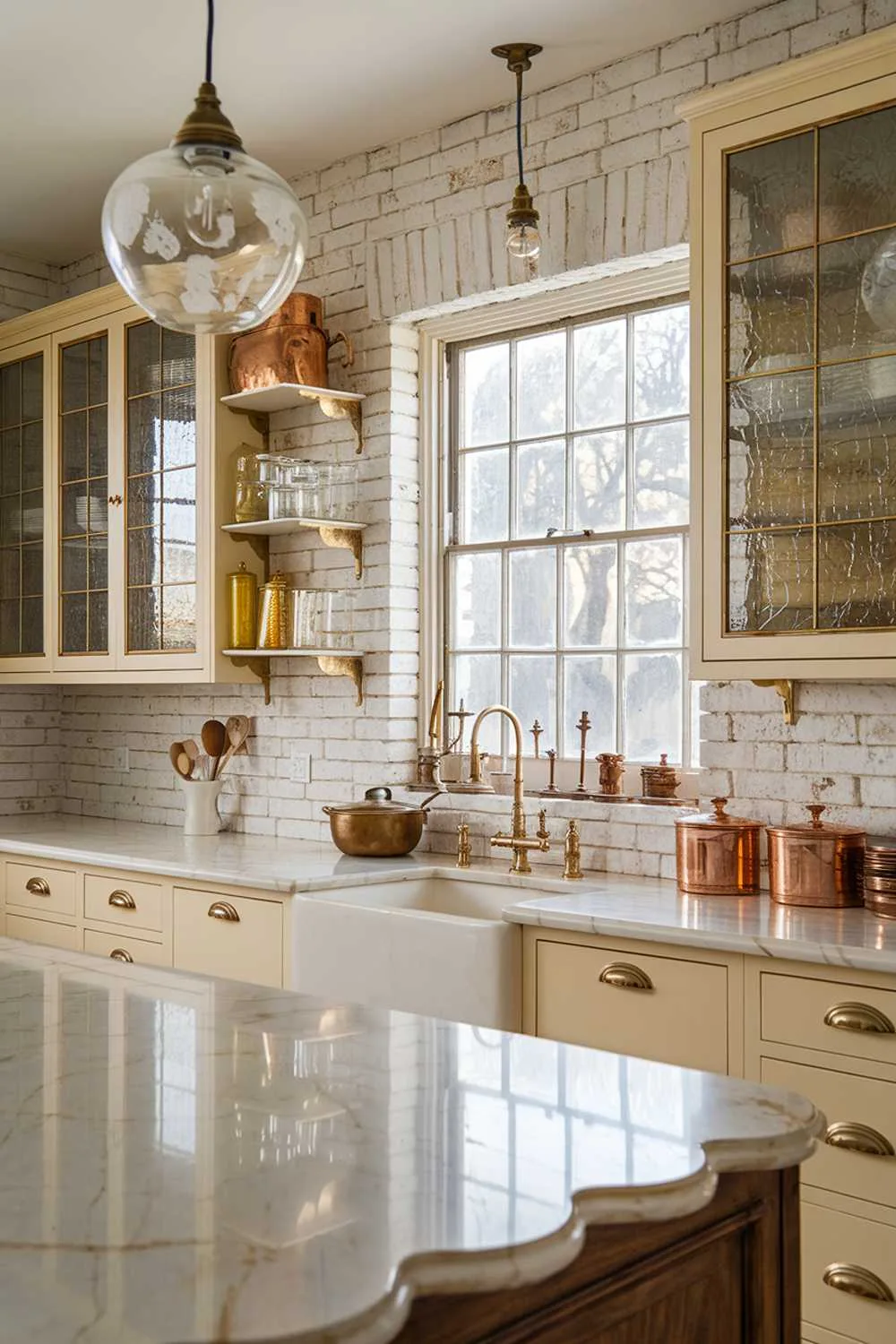 A bright cottage kitchen with strategically placed mirrors creating the illusion of more space. White painted brick walls reflect light from multi-paned windows, while glass-front cabinets add depth. A vintage mirror with a weathered frame serves as a backsplash, doubling the visual space and reflecting natural light throughout the room.