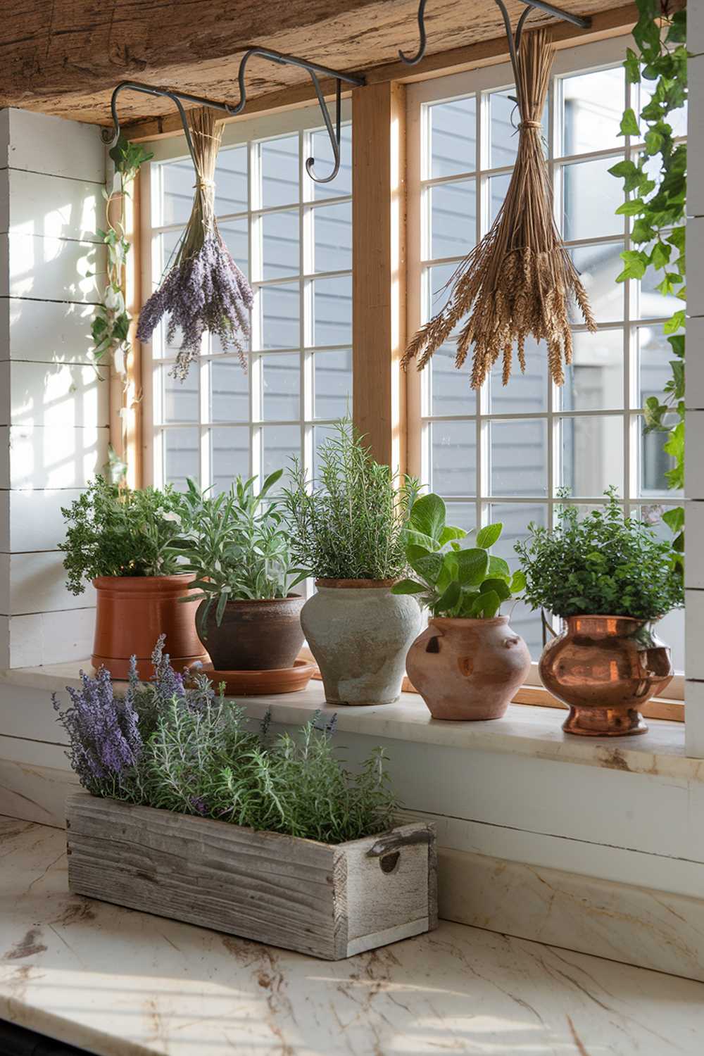 A sunlit kitchen windowsill featuring an array of terracotta pots filled with fresh herbs, small potted ferns, and trailing ivy. Below, a marble countertop holds a vintage wooden box repurposed as an herb planter, while dried lavender and wheat bundles hang from exposed wooden beams above, adding natural texture and pleasant fragrance to the space.