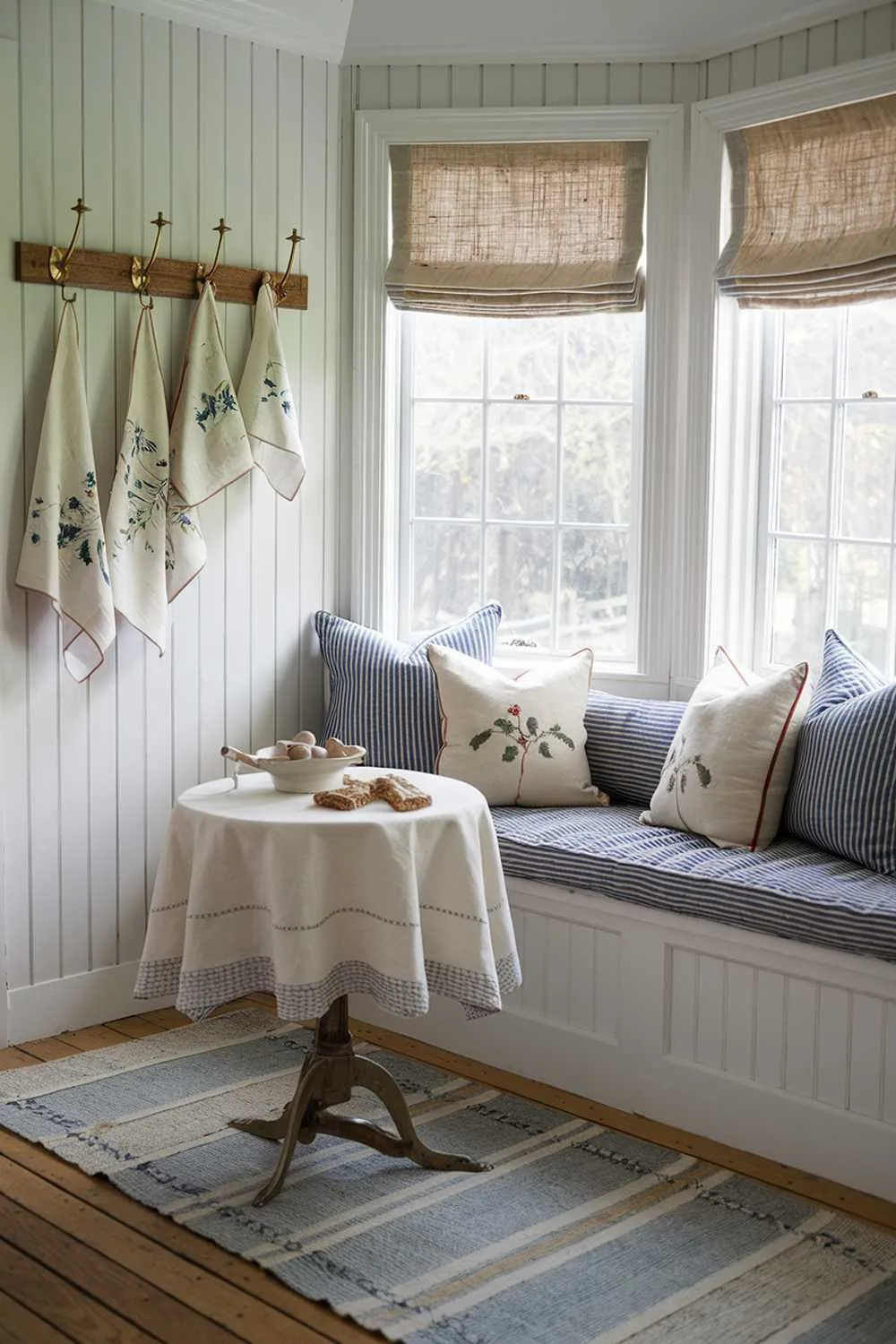 A cottage kitchen featuring layers of textiles: a vintage runner in muted blues and creams on wide-plank floors, ticking stripe cushions on a window seat, linen cafe curtains filtering light, and hand-embroidered tea towels hanging from a wooden rack. Each textile adds softness and pattern while maintaining a cohesive color scheme.