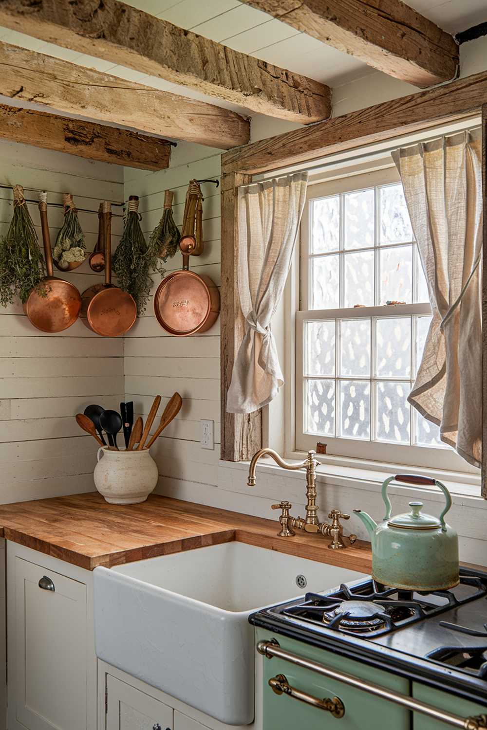 A cozy kitchen corner featuring weathered wooden beams overhead, from which hang dried herbs and copper pots. A farmhouse sink sits below a window dressed with simple linen curtains, while open shelving displays collections of ironstone and earthenware. A butcher block counter shows signs of loving use, and a vintage enamel kettle adds a pop of faded blue to the warm, rustic scene.