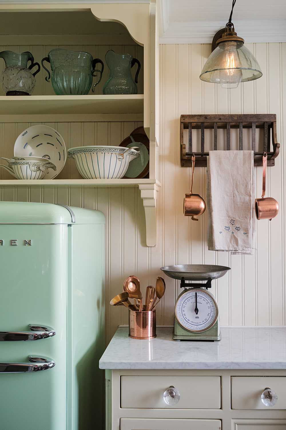 A charming kitchen vignette centered around a mint-green vintage-style refrigerator, complemented by cream beadboard cabinets with glass knobs. Open shelving displays collections of jadeite dishware and ceramic mixing bowls, while a restored pendant light with mercury glass shade casts warm light. A wall-mounted drying rack holds vintage-inspired tea towels, and a traditional scale sits atop marble counters.