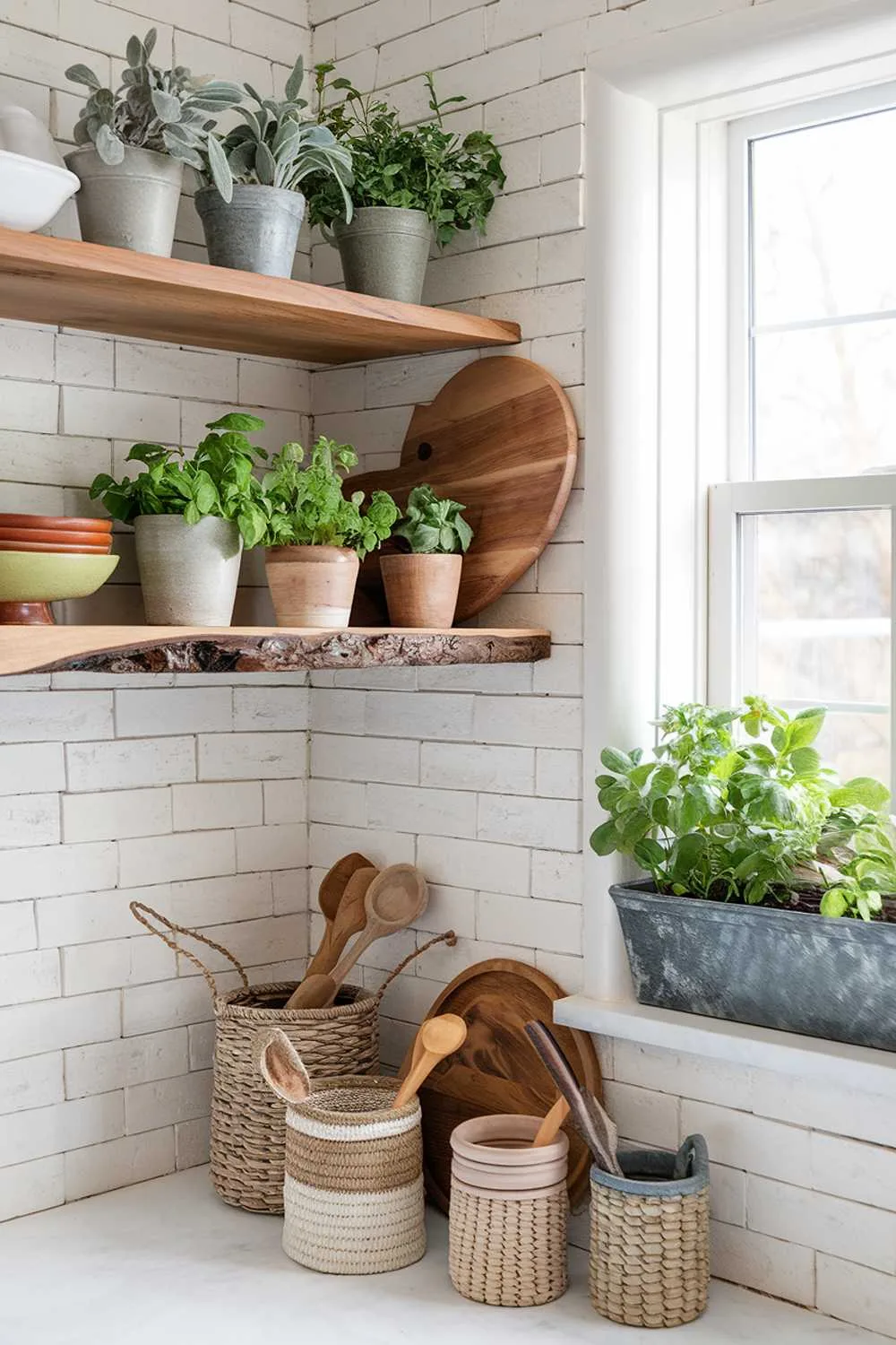 A cottage kitchen corner showcasing natural materials throughout: reclaimed wooden open shelving against white painted brick, a live-edge wooden floating shelf holding potted herbs, and woven basket storage. A window box herb garden brings the outside in, while wooden utensils in ceramic crocks and a collection of cutting boards add warmth and functionality to the scene.