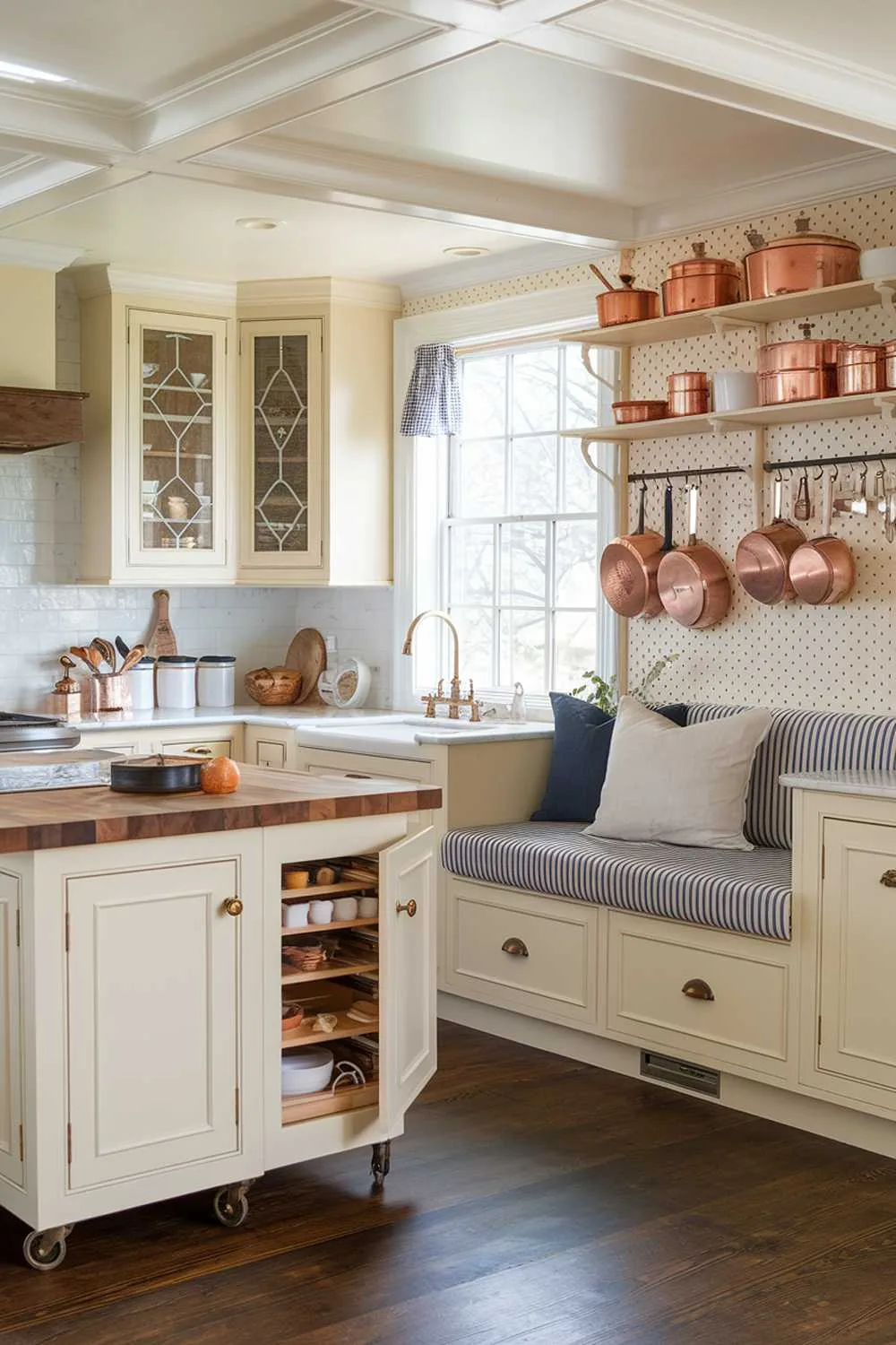 An efficiently designed cottage kitchen featuring a compact island on casters can be moved as needed, while built-in bench seating with storage drawers maximizes a corner space. Fold-down wall-mounted drying racks and clever corner solutions show how every inch can be utilized without sacrificing style.