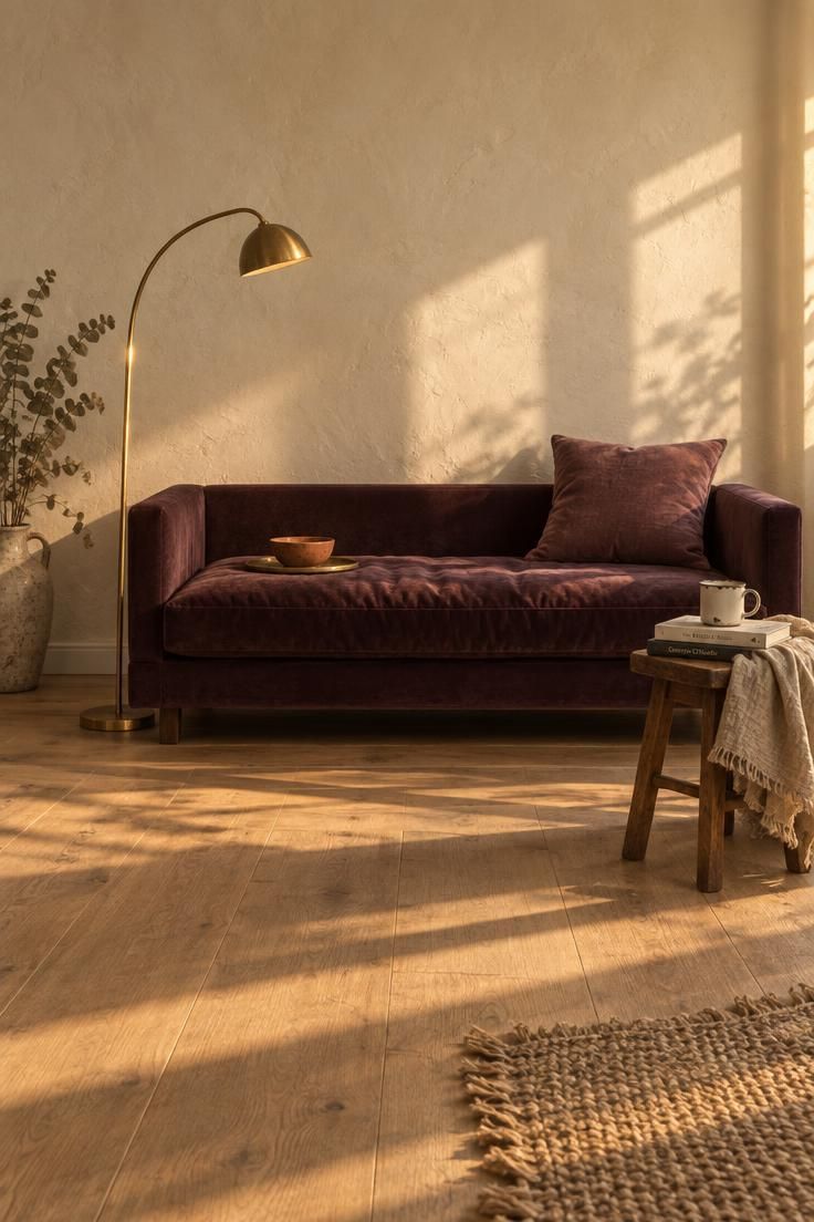 Warm compact living room with a fig velvet daybed, brass floor lamp, terracotta bowl, walnut stool side table, and pale oak floor.