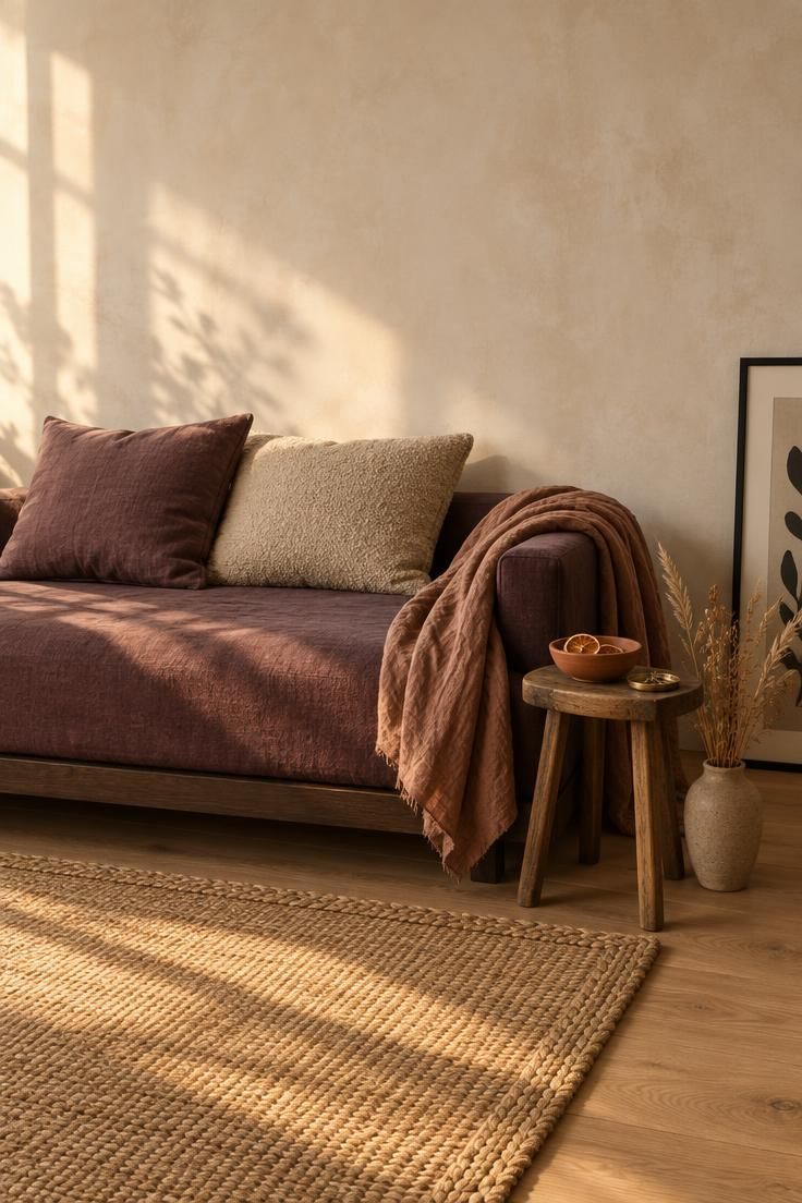 Warm apartment nook with a low fig velvet daybed, terracotta bowl, wood stool side table, jute rug, and golden window light.