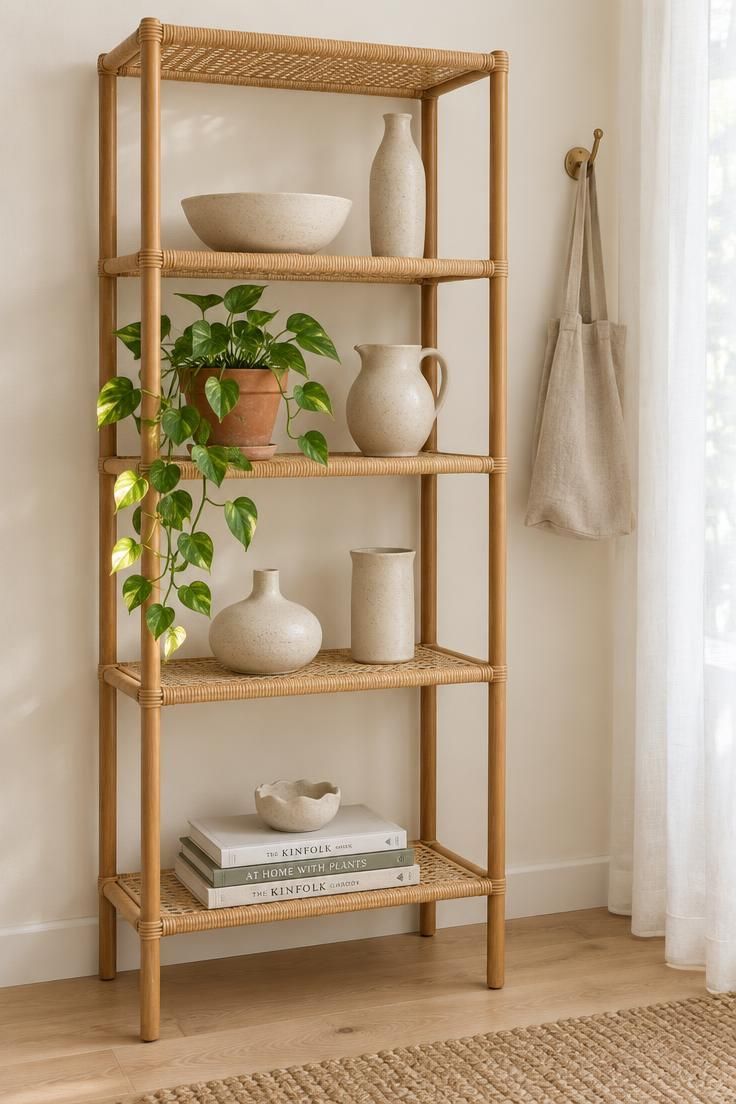 Slim rattan etagere against a white wall styled with cream stoneware, a trailing pothos, stacked art books, and soft diffused light.