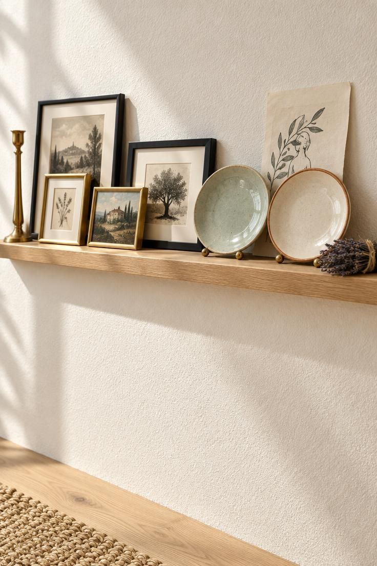 Narrow wood picture ledge with overlapping brass and black frames, two ceramic plates, a leaning print, and bright midday light on a white wall.