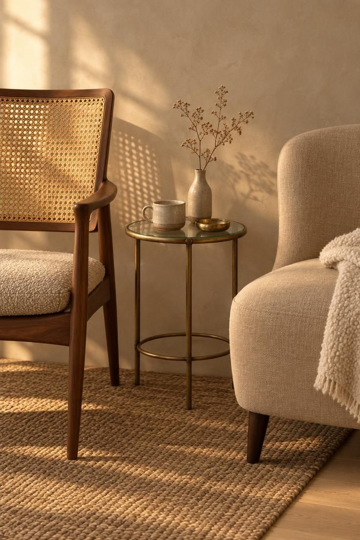 Two mismatched chairs, one cane-backed walnut and one sand linen slipper chair, flanking a round brass and glass side table.