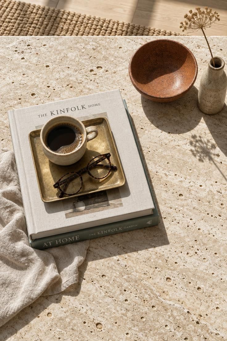 Overhead view of a travertine coffee table styled with stacked art books, a brass tray, a rust ceramic bowl, and a single dried stem.