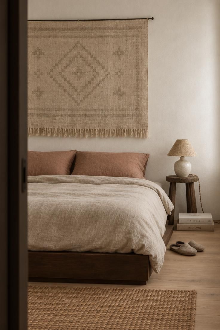 Small sleeping corner with a low platform bed, large undyed woven textile above it, mismatched bedside surfaces, and one small ceramic lamp.