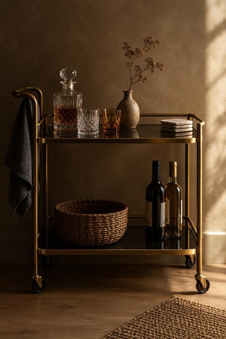 Brass bar cart with smoked-glass shelves holding a decanter, mismatched glasses, a small ceramic vase, and a coaster stack.