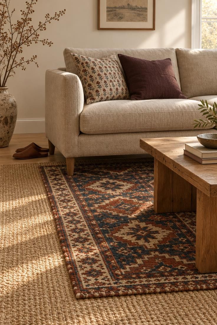 Layered rugs with a plain jute base under a rust and blue geometric runner, fronted by a warm oatmeal linen sofa and wood coffee table.