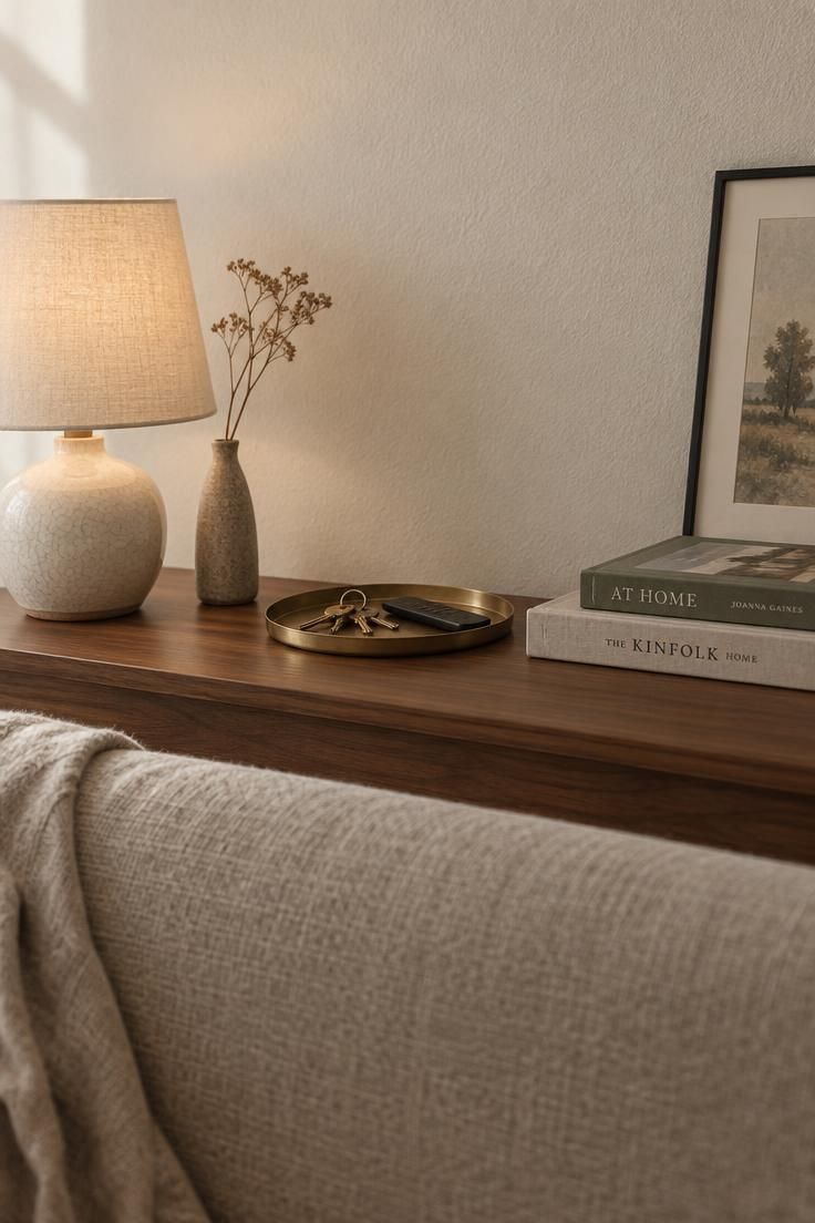 Slim walnut console behind a linen sofa holding a cream ceramic lamp, brass tray, stacked art books, and a leaning framed print.