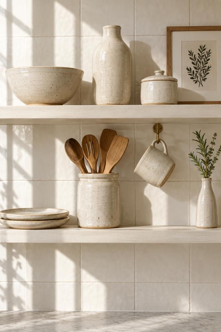 Open kitchen shelf run with cream stoneware, a jar of wooden utensils, a hanging mug, and a small leaning print in bright daylight.