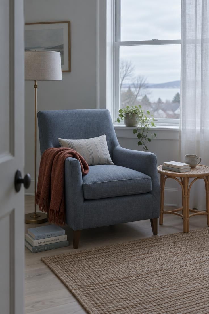 Cool-toned reading corner with a slate-blue armchair, brass floor lamp, cane side table, rust wool throw, and overcast window light.