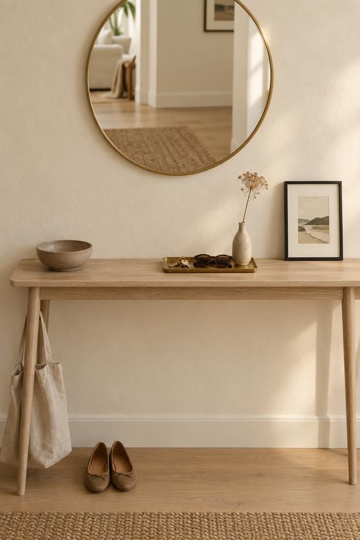 Narrow pale ash entry console with a brass tray, ceramic bowl, leaning framed print, and a round brass mirror above.