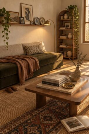 Warm compact apartment living area with a fig velvet daybed, layered jute and patterned rugs, brass floor lamp, rattan etagere, picture ledge, and golden window light.
