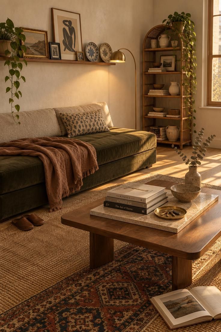 Simple Spaces 15 Warm compact apartment living area with a fig velvet daybed, layered jute and patterned rugs, brass floor lamp, rattan etagere, picture ledge, and golden window light.