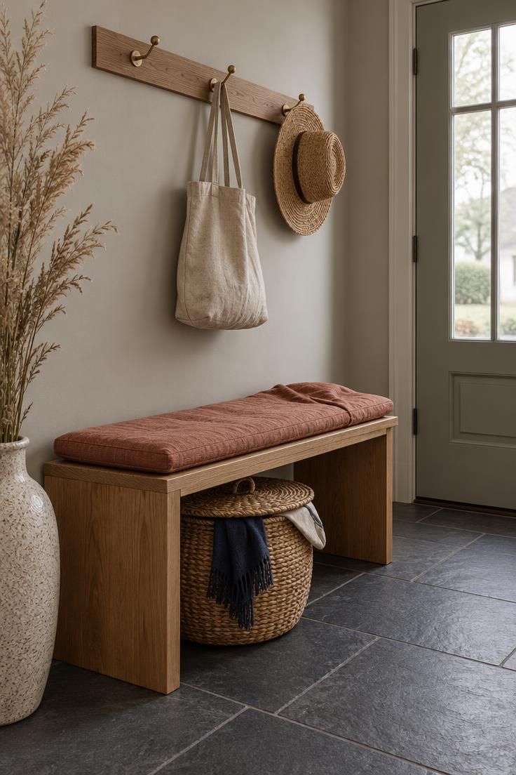13 Cozy Small Entryway Ideas That Make Coming Home Calm 1 A low oak bench against a greige entry wall with a terracotta cushion, a seagrass lidded basket below, and a brass hook strip holding a tote and sun hat.