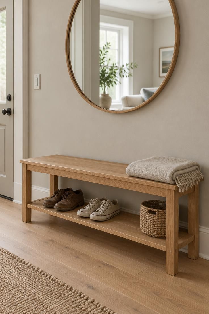 13 Cozy Small Entryway Ideas That Make Coming Home Calm 2 A small entry with a low oak bench against a wall, two pairs of shoes on the lower shelf, and a large round mirror hanging above with a narrow wood frame.