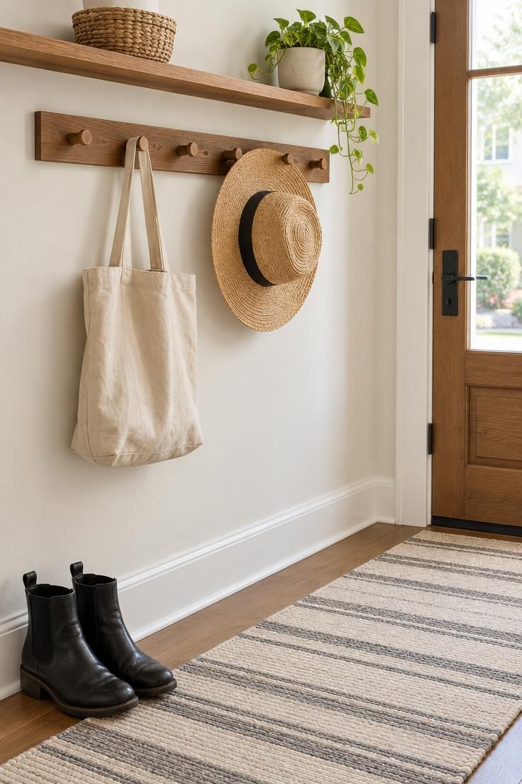 13 Cozy Small Entryway Ideas That Make Coming Home Calm 3 A compact entryway with a stained wood peg rail holding a canvas tote and a wide-brim hat, a floating shelf above with a woven basket, and a cream and gray striped runner on the floor.