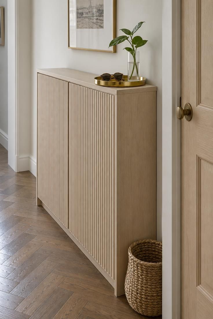 13 Cozy Small Entryway Ideas That Make Coming Home Calm 4 A light-toned shoe cabinet with vertical fluting against a hallway wall, a small brass tray and a single green stem in a vase on top, and the door edge visible at the side.