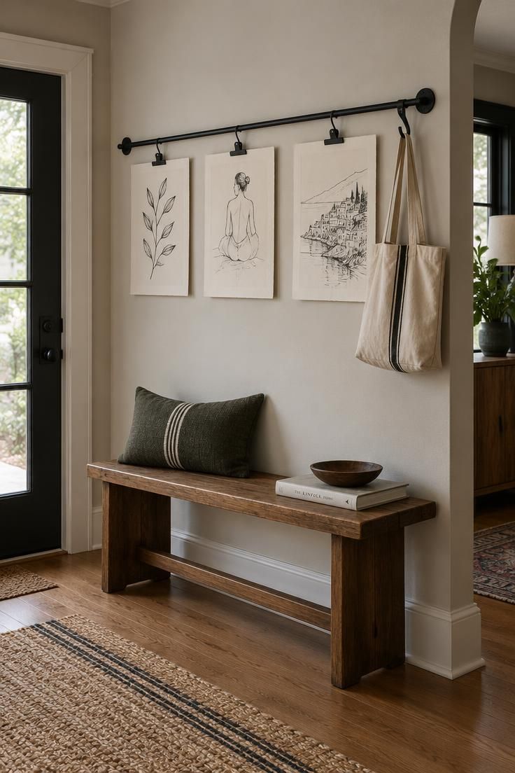13 Cozy Small Entryway Ideas That Make Coming Home Calm 5 A narrow entry wall with a black metal picture rail holding three line drawings on clips, a small canvas tote hanging from one hook, and a low bench below.