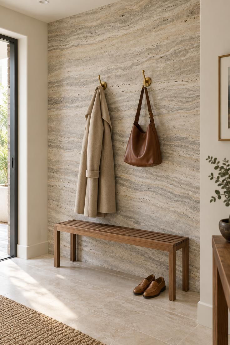 13 Cozy Small Entryway Ideas That Make Coming Home Calm 6 A small foyer with a cream and gray travertine-look panel covering one wall, two brass coat hooks holding a beige coat and a leather bag, and a narrow wooden bench below.