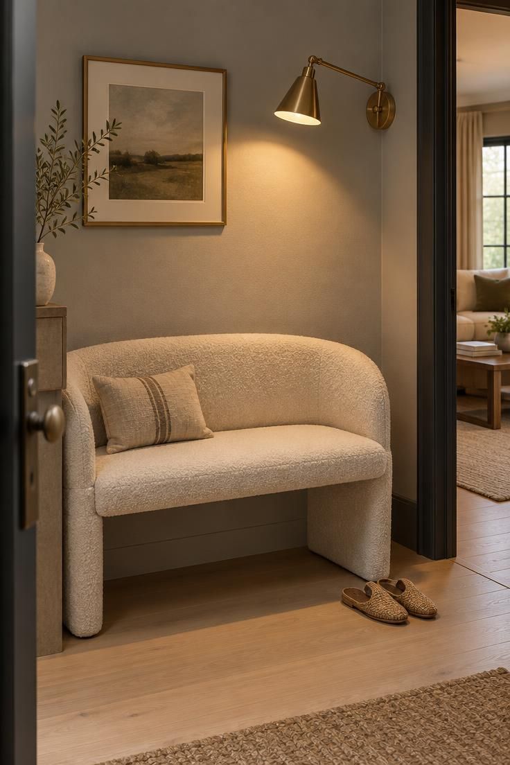 13 Cozy Small Entryway Ideas That Make Coming Home Calm 7 A creamy bouclé bench with a curved back against a soft gray wall, a brass pivoting sconce above it, and a pair of woven slippers on the floor.