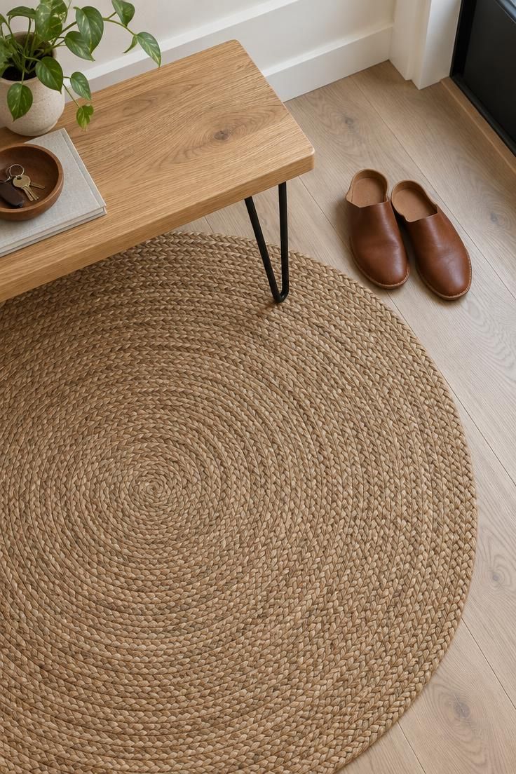 13 Cozy Small Entryway Ideas That Make Coming Home Calm 9 A round jute rug on a pale wood floor, a low oak bench with black hairpin legs resting partly on the rug, and a pair of leather slippers beside it.