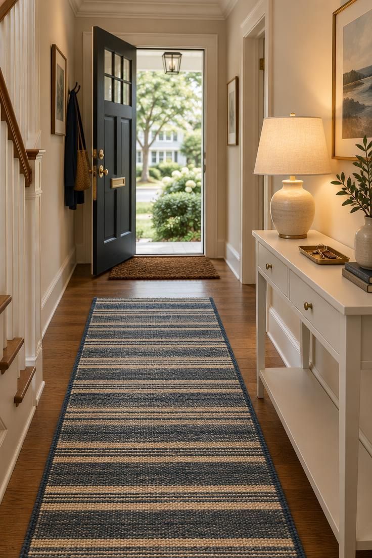 13 Cozy Small Entryway Ideas That Make Coming Home Calm 10 A small entry with a dark coir doormat by the door, a striped flat-weave runner continuing down the hall, and a slim white console with a ceramic lamp.