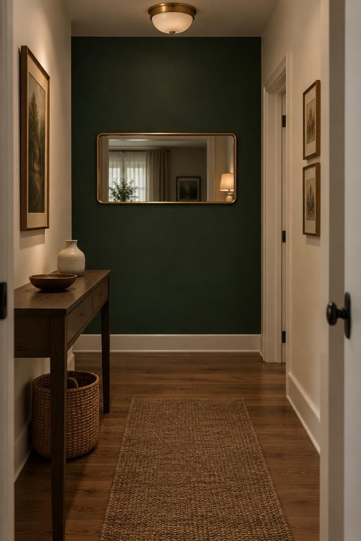 13 Cozy Small Entryway Ideas That Make Coming Home Calm 11 A short hallway with pale walls and a deep green accent wall at the end, a slim brass-framed mirror hanging on the green wall, and a narrow console against one side wall.