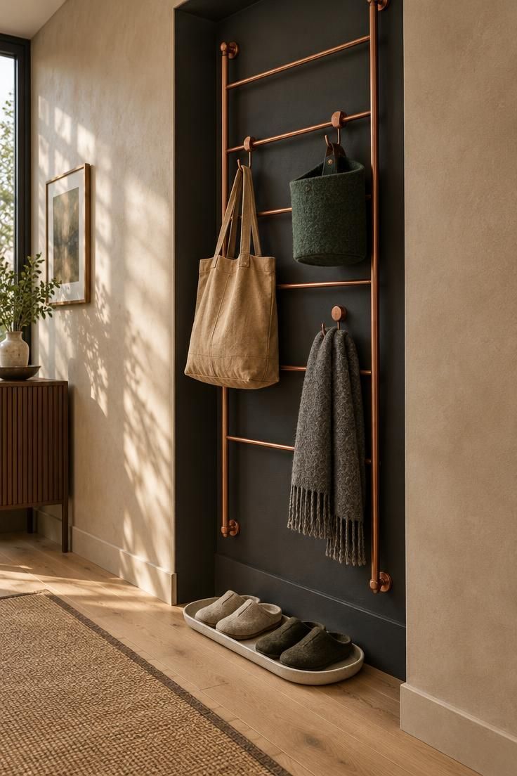 13 Cozy Small Entryway Ideas That Make Coming Home Calm 13 A charcoal wall niche with a narrow copper hook ladder holding a tan tote, a green felt bin, and a gray scarf, with slippers below.