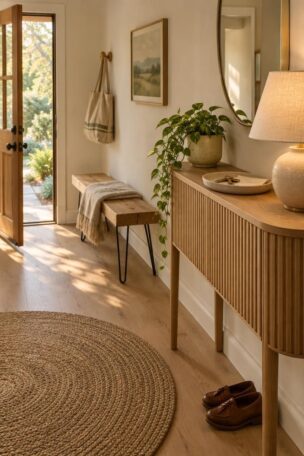 13 Cozy Small Entryway Ideas That Make Coming Home Calm 13 A cozy small entryway with a fluted wood console, a ceramic lamp and key tray, a round jute rug, a low oak bench with a folded throw, and a tote hanging from a wall peg.