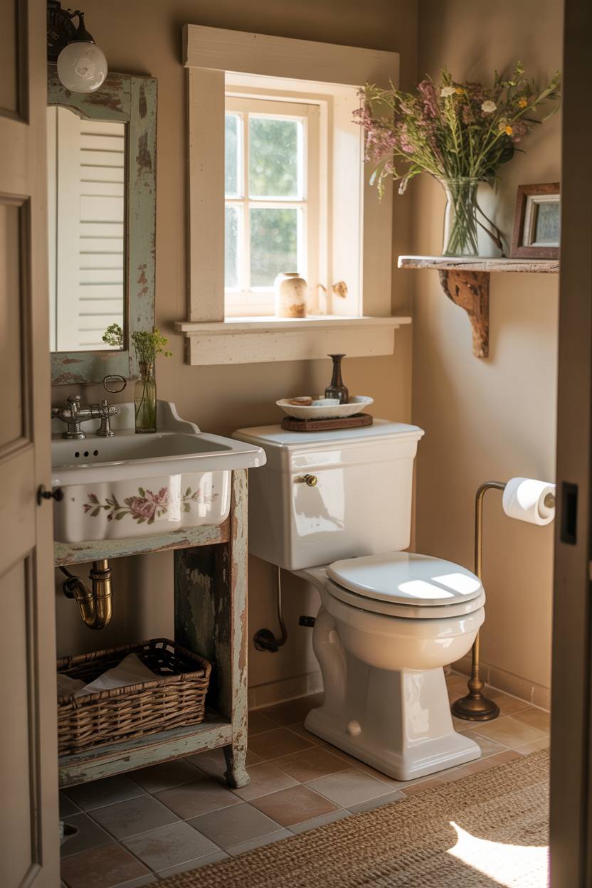 17 Small Farmhouse Bathroom Ideas for a Charming Space 1 Quaint farmhouse bathroom with vintage porcelain sink on distressed wooden vanity, white toilet, and wildflowers on rustic shelf