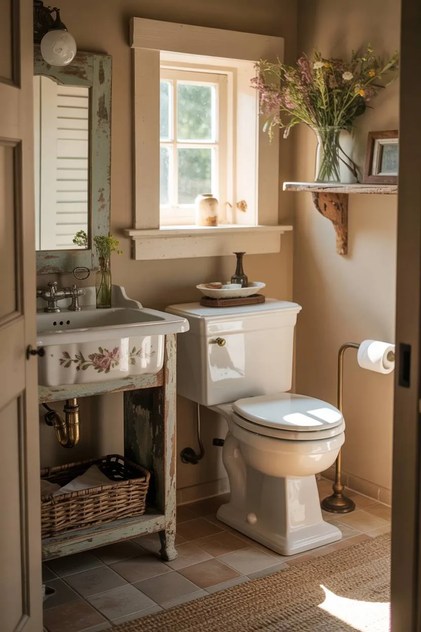 17 Small Farmhouse Bathroom Ideas for a Charming Space 1 Quaint farmhouse bathroom with vintage porcelain sink on distressed wooden vanity, white toilet, and wildflowers on rustic shelf