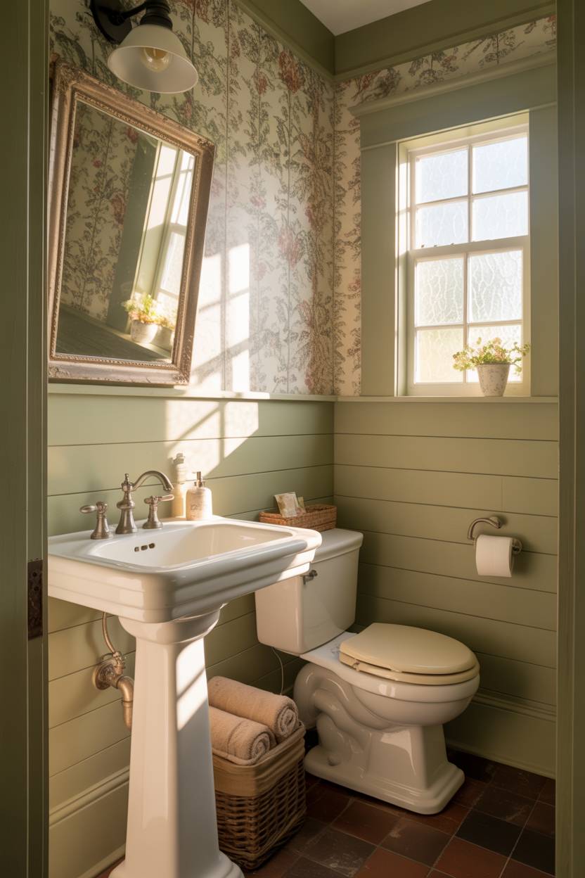 17 Small Farmhouse Bathroom Ideas for a Charming Space 2 Small farmhouse bathroom featuring pale green shiplap walls, vintage mirror above pedestal sink, and floral wallpaper accents