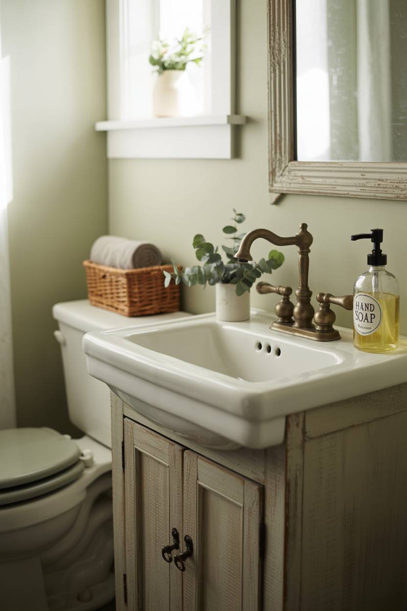 17 Small Farmhouse Bathroom Ideas for a Charming Space 3 Small farmhouse bathroom with weathered wooden vanity, antique brass faucet, and eucalyptus sprig decoration
