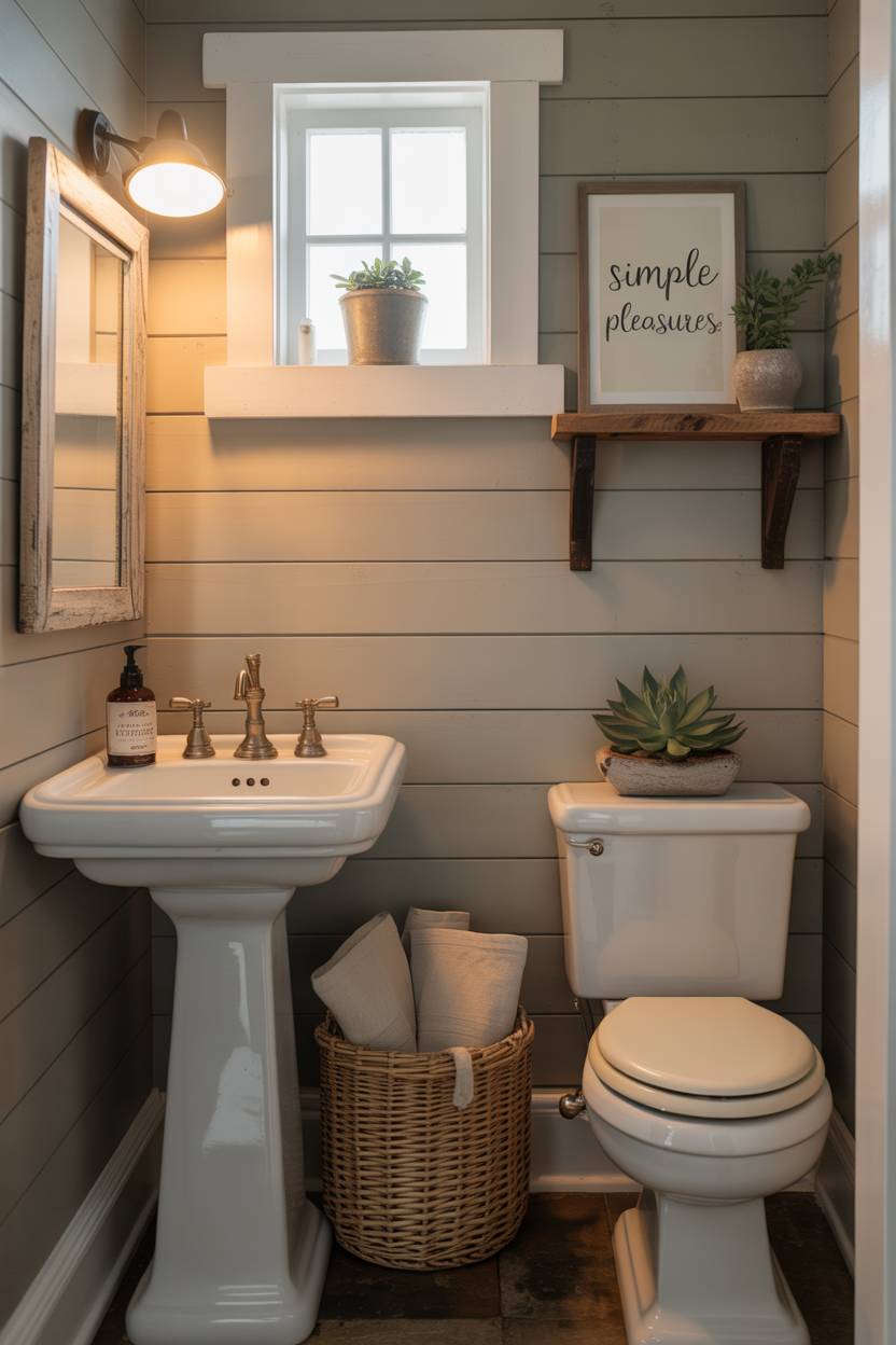 17 Small Farmhouse Bathroom Ideas for a Charming Space 4 Charming farmhouse bathroom with white pedestal sink, brushed nickel faucet, and woven basket storage underneath