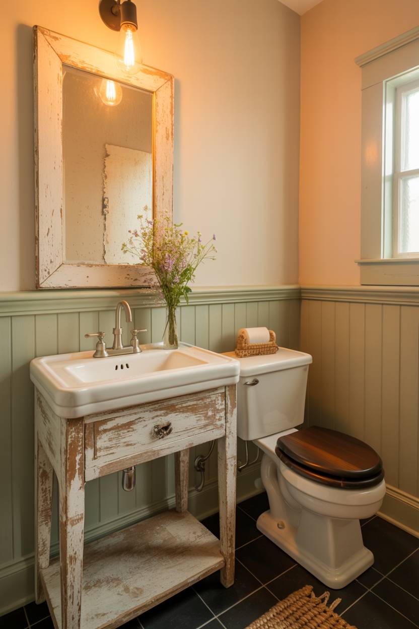 17 Small Farmhouse Bathroom Ideas for a Charming Space 5 Small farmhouse bathroom featuring weathered vanity, chipped vintage mirror, and Edison bulb pendant lighting